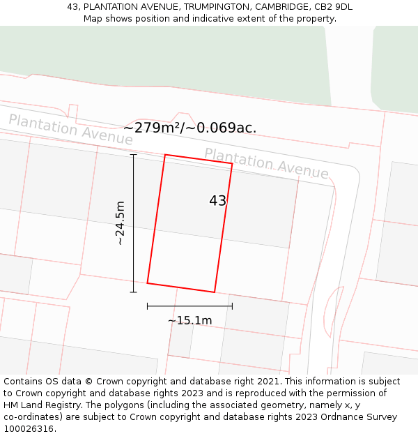 43, PLANTATION AVENUE, TRUMPINGTON, CAMBRIDGE, CB2 9DL: Plot and title map
