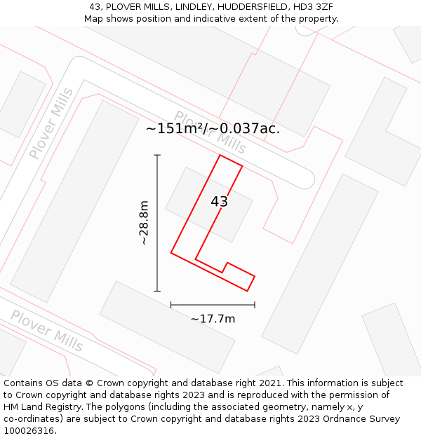 43, PLOVER MILLS, LINDLEY, HUDDERSFIELD, HD3 3ZF: Plot and title map