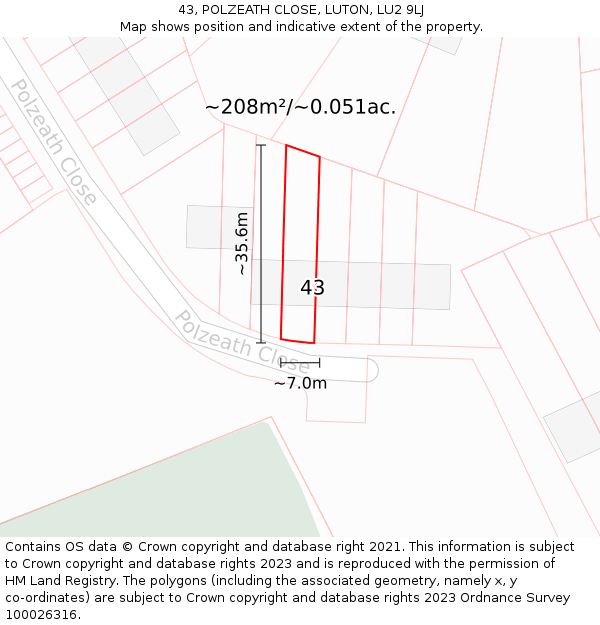 43, POLZEATH CLOSE, LUTON, LU2 9LJ: Plot and title map