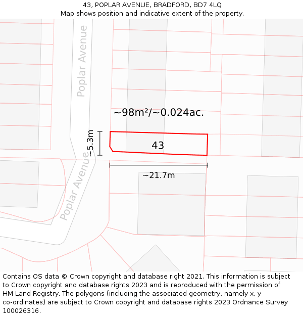 43, POPLAR AVENUE, BRADFORD, BD7 4LQ: Plot and title map