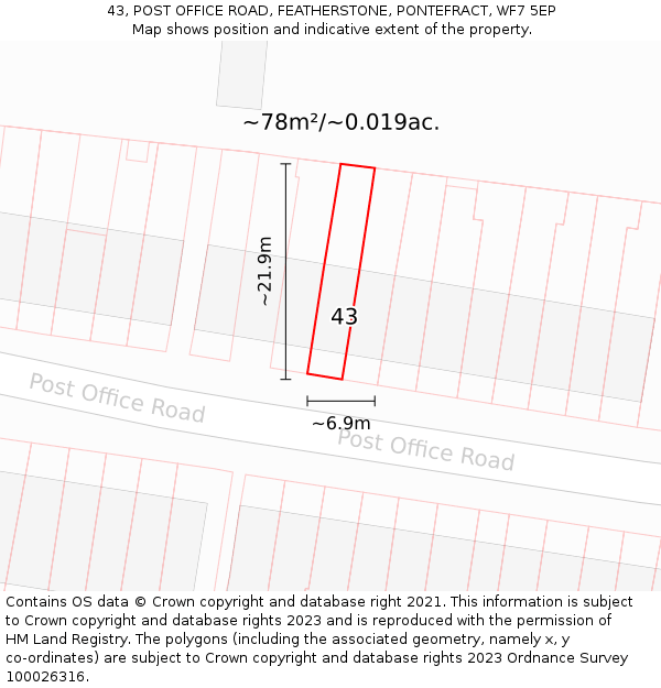 43, POST OFFICE ROAD, FEATHERSTONE, PONTEFRACT, WF7 5EP: Plot and title map