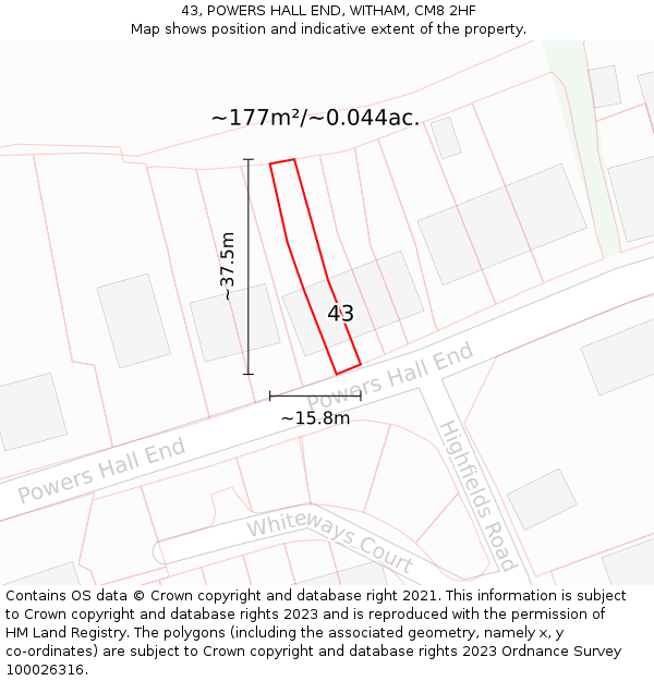 43, POWERS HALL END, WITHAM, CM8 2HF: Plot and title map