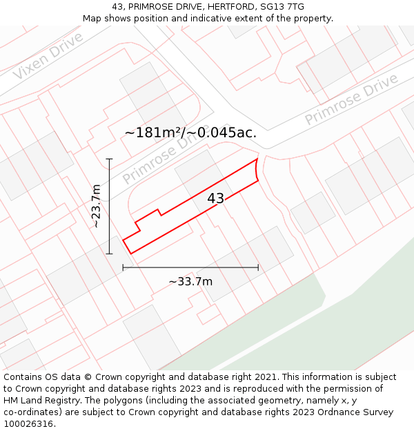 43, PRIMROSE DRIVE, HERTFORD, SG13 7TG: Plot and title map