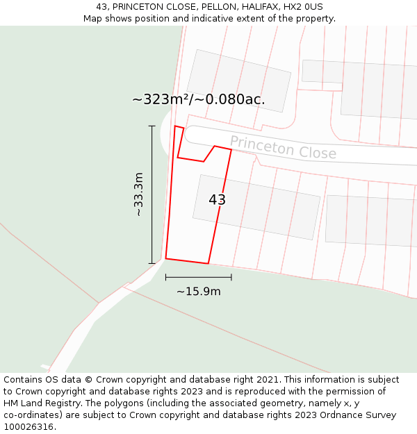 43, PRINCETON CLOSE, PELLON, HALIFAX, HX2 0US: Plot and title map