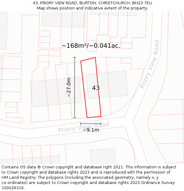 43, PRIORY VIEW ROAD, BURTON, CHRISTCHURCH, BH23 7EU: Plot and title map