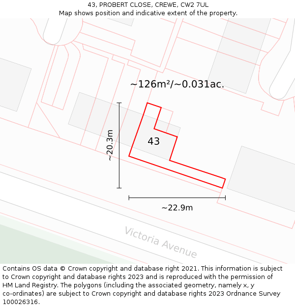 43, PROBERT CLOSE, CREWE, CW2 7UL: Plot and title map