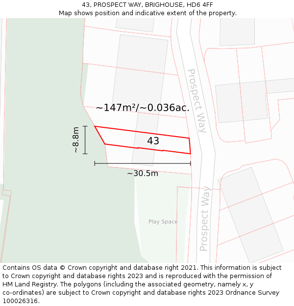 43, PROSPECT WAY, BRIGHOUSE, HD6 4FF: Plot and title map