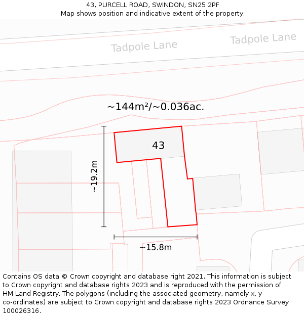 43, PURCELL ROAD, SWINDON, SN25 2PF: Plot and title map