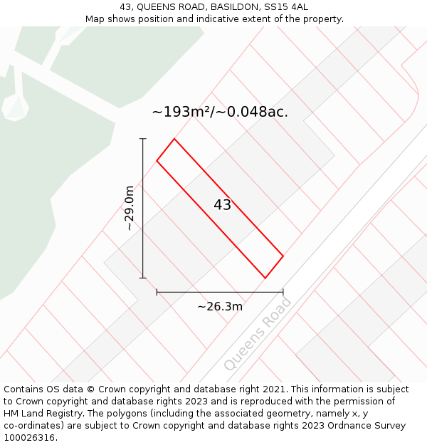 43, QUEENS ROAD, BASILDON, SS15 4AL: Plot and title map