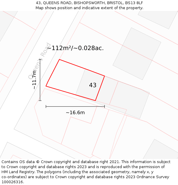 43, QUEENS ROAD, BISHOPSWORTH, BRISTOL, BS13 8LF: Plot and title map
