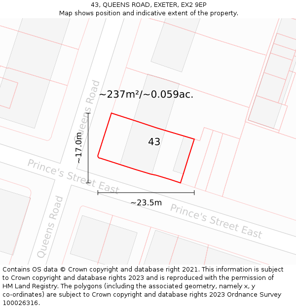 43, QUEENS ROAD, EXETER, EX2 9EP: Plot and title map