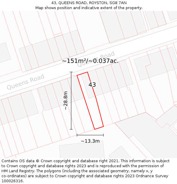 43, QUEENS ROAD, ROYSTON, SG8 7AN: Plot and title map