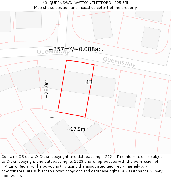 43, QUEENSWAY, WATTON, THETFORD, IP25 6BL: Plot and title map