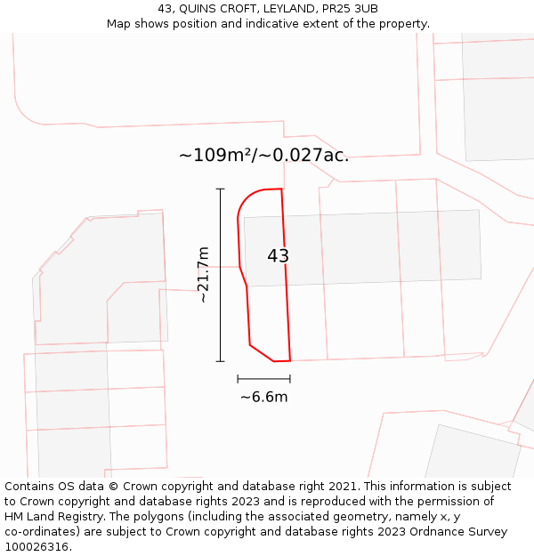 43, QUINS CROFT, LEYLAND, PR25 3UB: Plot and title map