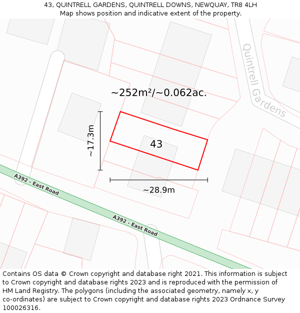 43, QUINTRELL GARDENS, QUINTRELL DOWNS, NEWQUAY, TR8 4LH: Plot and title map