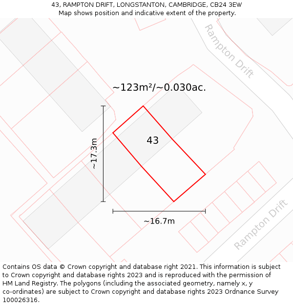 43, RAMPTON DRIFT, LONGSTANTON, CAMBRIDGE, CB24 3EW: Plot and title map