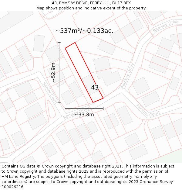 43, RAMSAY DRIVE, FERRYHILL, DL17 8PX: Plot and title map