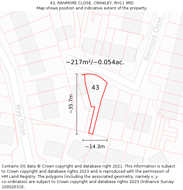 43, RANMORE CLOSE, CRAWLEY, RH11 9RD: Plot and title map