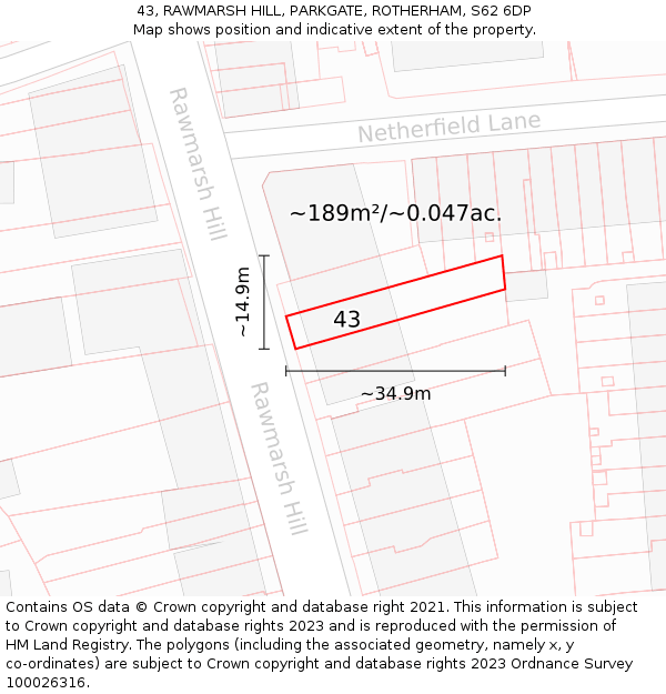 43, RAWMARSH HILL, PARKGATE, ROTHERHAM, S62 6DP: Plot and title map