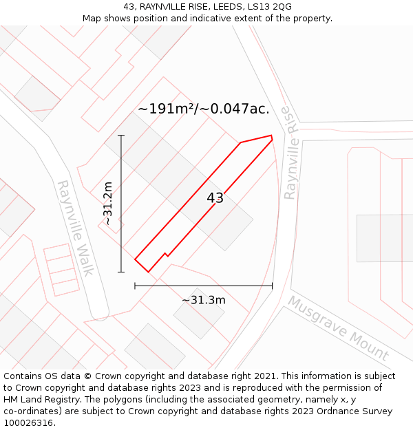 43, RAYNVILLE RISE, LEEDS, LS13 2QG: Plot and title map
