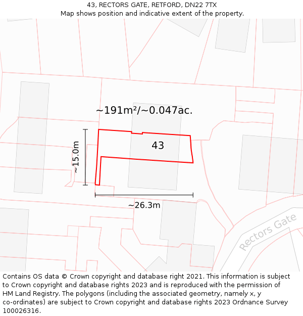 43, RECTORS GATE, RETFORD, DN22 7TX: Plot and title map