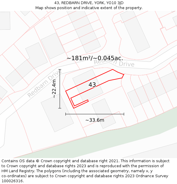 43, REDBARN DRIVE, YORK, YO10 3JD: Plot and title map