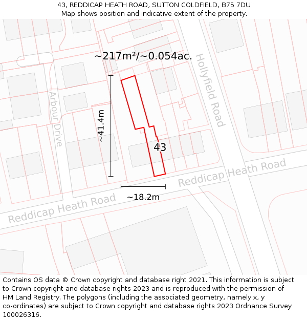 43, REDDICAP HEATH ROAD, SUTTON COLDFIELD, B75 7DU: Plot and title map