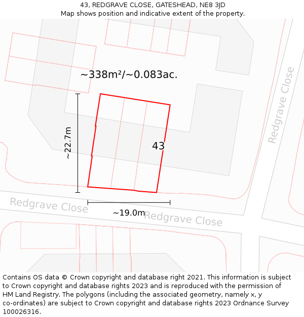 43, REDGRAVE CLOSE, GATESHEAD, NE8 3JD: Plot and title map