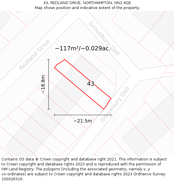 43, REDLAND DRIVE, NORTHAMPTON, NN2 8QE: Plot and title map
