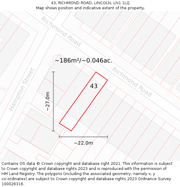 43, RICHMOND ROAD, LINCOLN, LN1 1LQ: Plot and title map