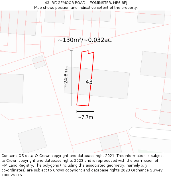 43, RIDGEMOOR ROAD, LEOMINSTER, HR6 8EJ: Plot and title map