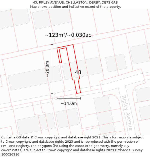 43, RIPLEY AVENUE, CHELLASTON, DERBY, DE73 6AB: Plot and title map