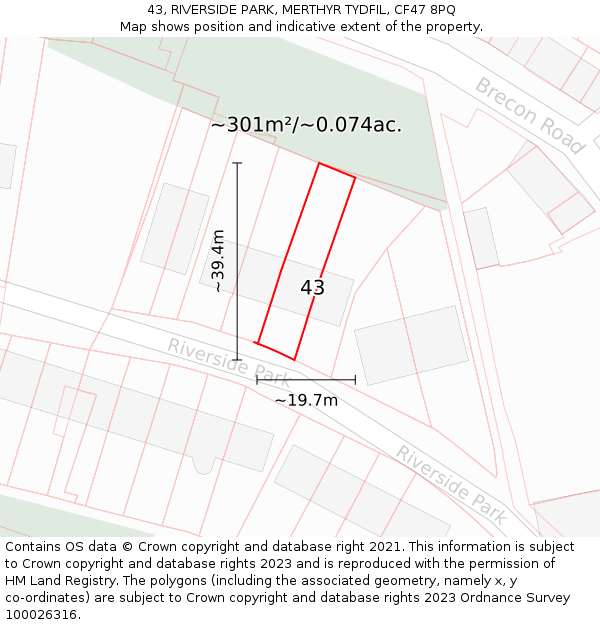 43, RIVERSIDE PARK, MERTHYR TYDFIL, CF47 8PQ: Plot and title map