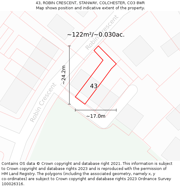 43, ROBIN CRESCENT, STANWAY, COLCHESTER, CO3 8WR: Plot and title map