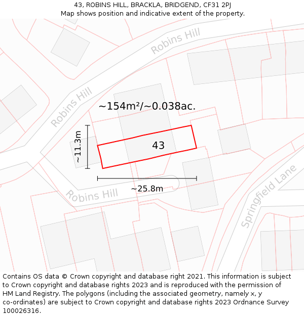 43, ROBINS HILL, BRACKLA, BRIDGEND, CF31 2PJ: Plot and title map