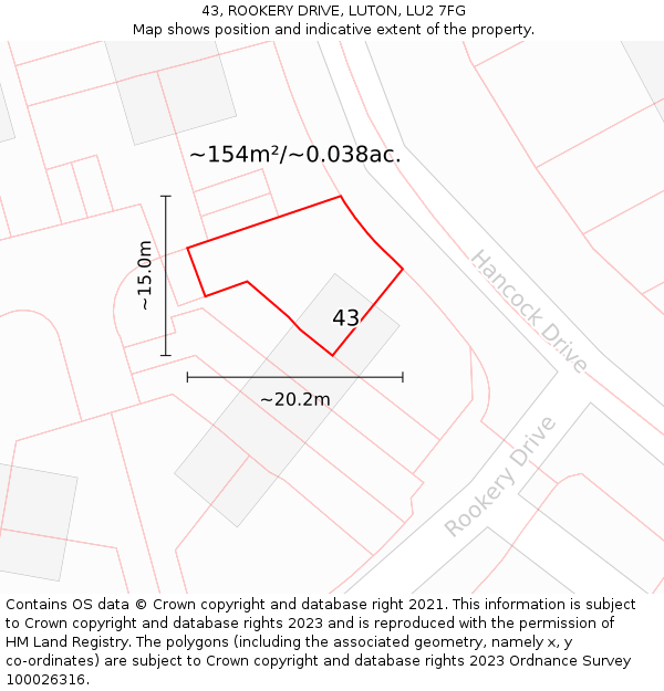 43, ROOKERY DRIVE, LUTON, LU2 7FG: Plot and title map