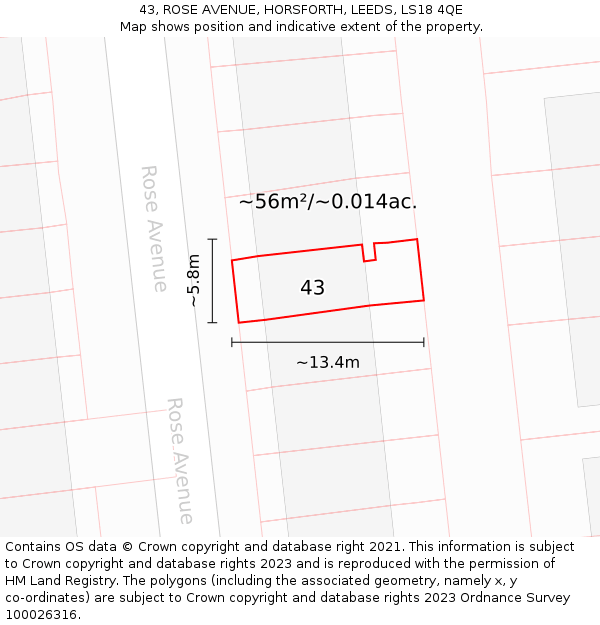 43, ROSE AVENUE, HORSFORTH, LEEDS, LS18 4QE: Plot and title map