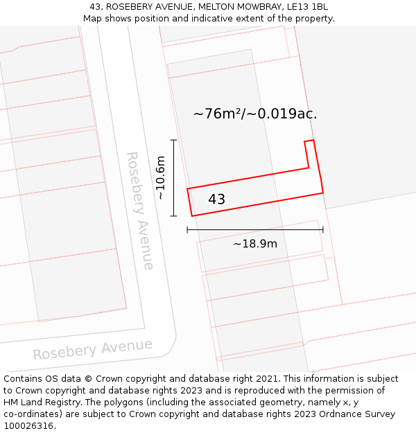43, ROSEBERY AVENUE, MELTON MOWBRAY, LE13 1BL: Plot and title map