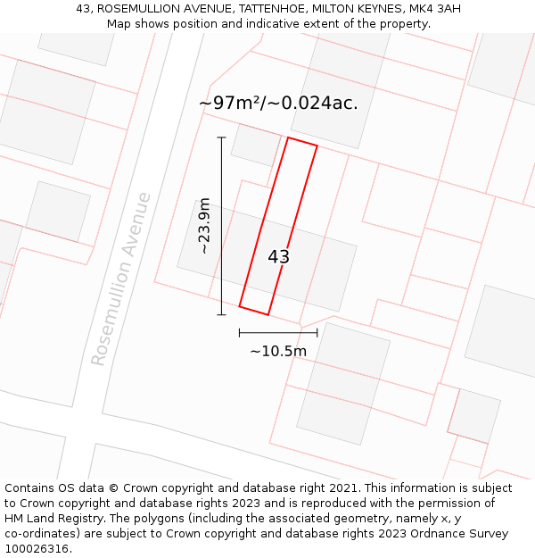 43, ROSEMULLION AVENUE, TATTENHOE, MILTON KEYNES, MK4 3AH: Plot and title map