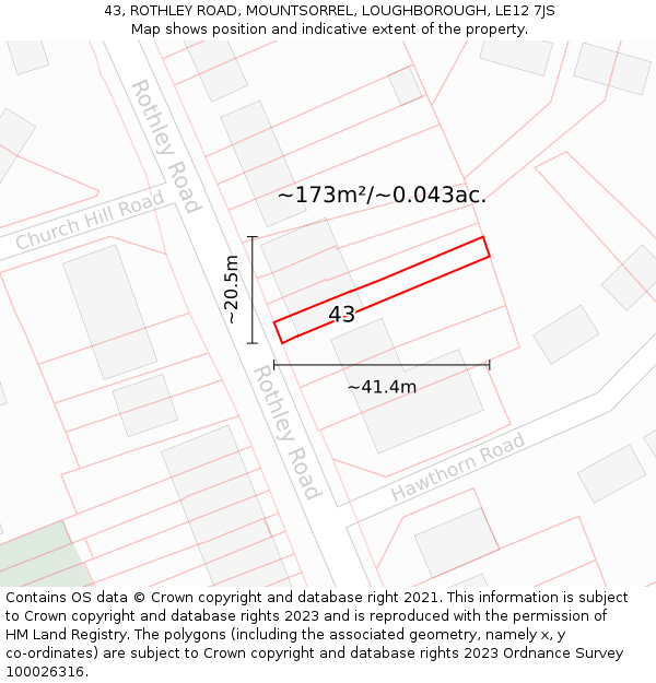43, ROTHLEY ROAD, MOUNTSORREL, LOUGHBOROUGH, LE12 7JS: Plot and title map