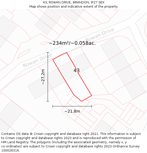 43, ROWAN DRIVE, BRANDON, IP27 0EX: Plot and title map