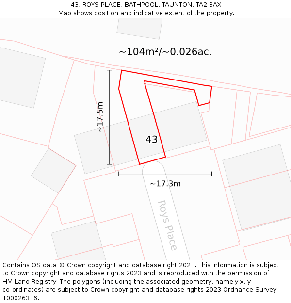 43, ROYS PLACE, BATHPOOL, TAUNTON, TA2 8AX: Plot and title map