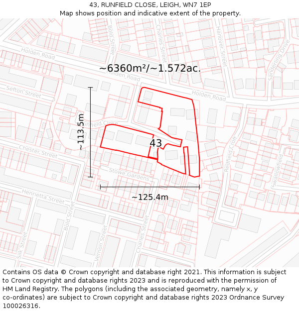 43, RUNFIELD CLOSE, LEIGH, WN7 1EP: Plot and title map