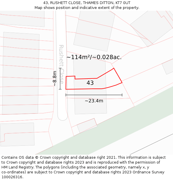 43, RUSHETT CLOSE, THAMES DITTON, KT7 0UT: Plot and title map