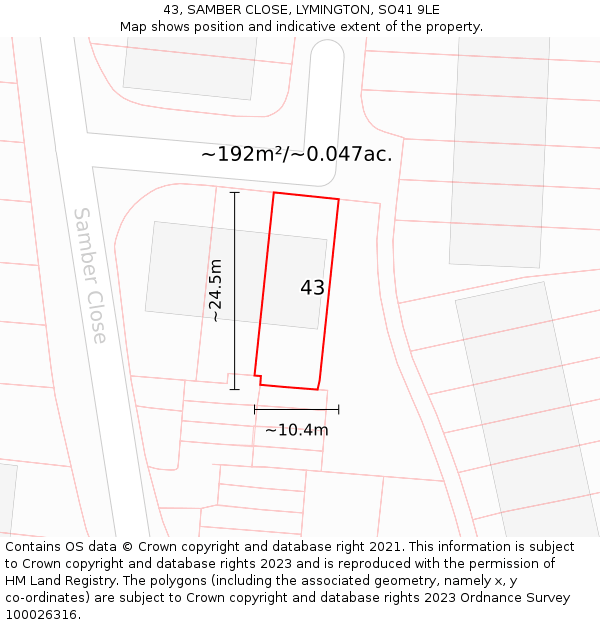 43, SAMBER CLOSE, LYMINGTON, SO41 9LE: Plot and title map