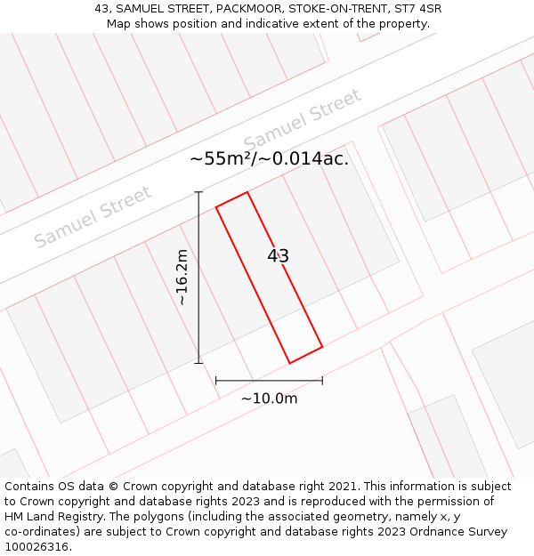 43, SAMUEL STREET, PACKMOOR, STOKE-ON-TRENT, ST7 4SR: Plot and title map