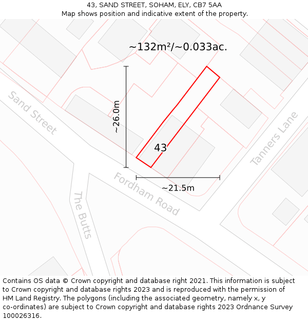 43, SAND STREET, SOHAM, ELY, CB7 5AA: Plot and title map