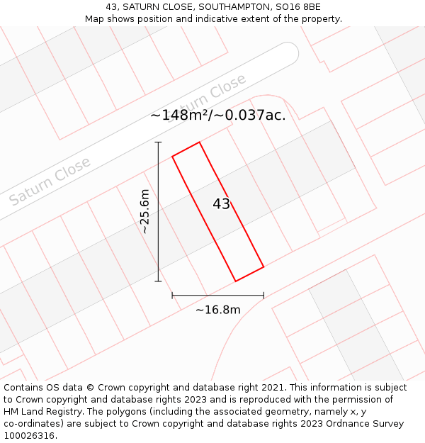 43, SATURN CLOSE, SOUTHAMPTON, SO16 8BE: Plot and title map