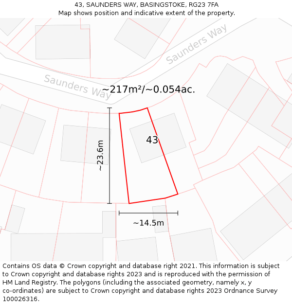 43, SAUNDERS WAY, BASINGSTOKE, RG23 7FA: Plot and title map