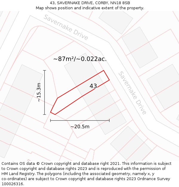 43, SAVERNAKE DRIVE, CORBY, NN18 8SB: Plot and title map